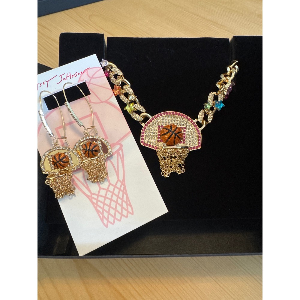 Betsey Johnson Basketball Hoop Necklace and Earrings Set Gold Tone Crystal Star